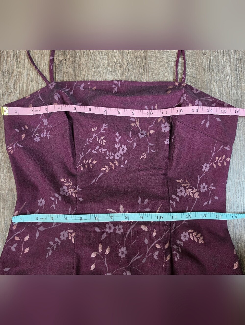 90s Vintage XOXO Floral Midi Dress Juniors 7 Plum Gold Floral w/ Square Neck - Picture 9 of 11